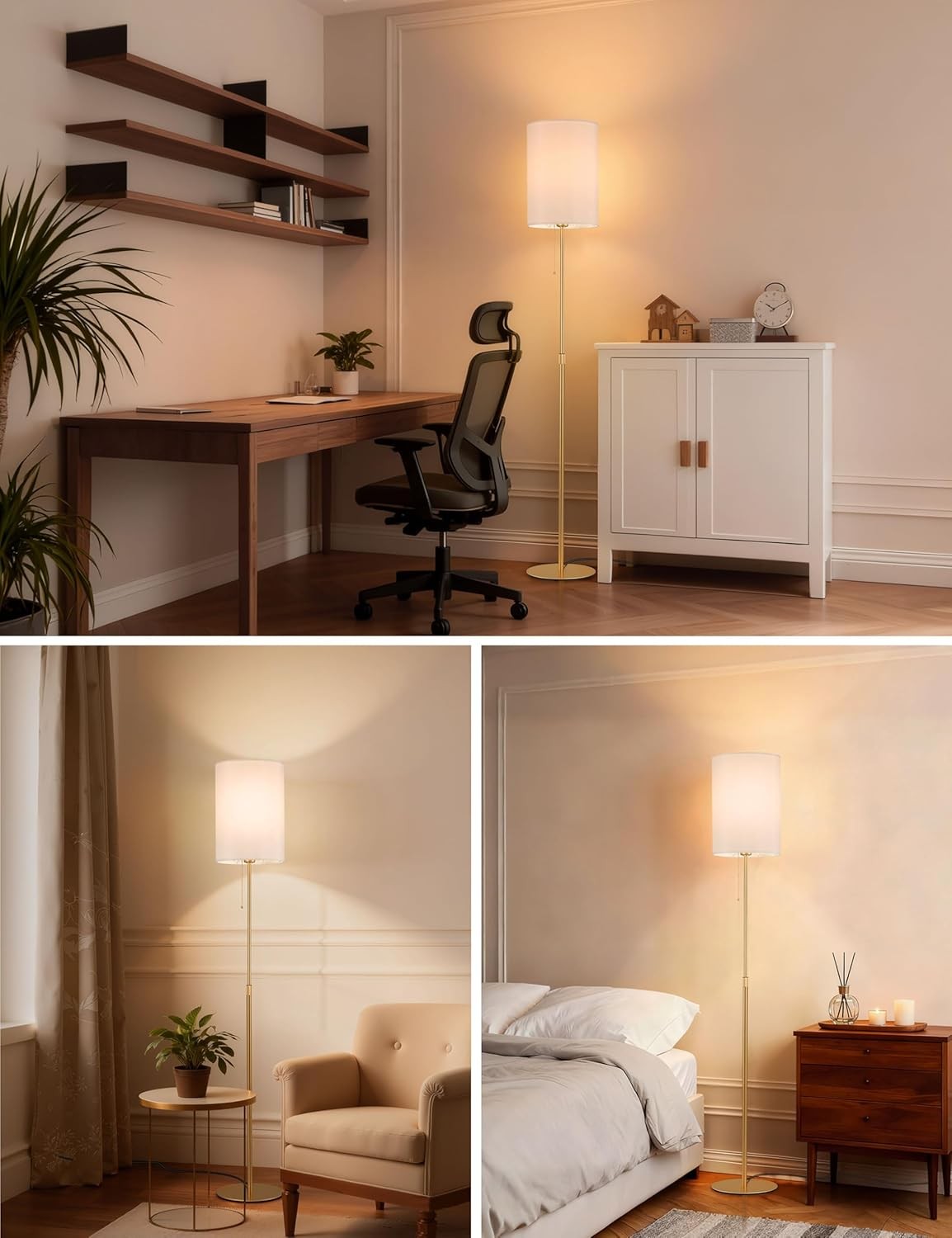 Gold Floor Lamp Adjustable Height Fabric Shade Pull Chain E27 Tall Light