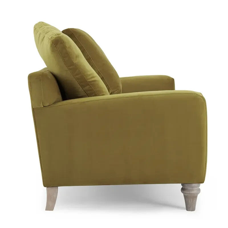Olive Green Velvet 2 Seater Sofa Deep Scatter Cushions Feather-Filled Seat