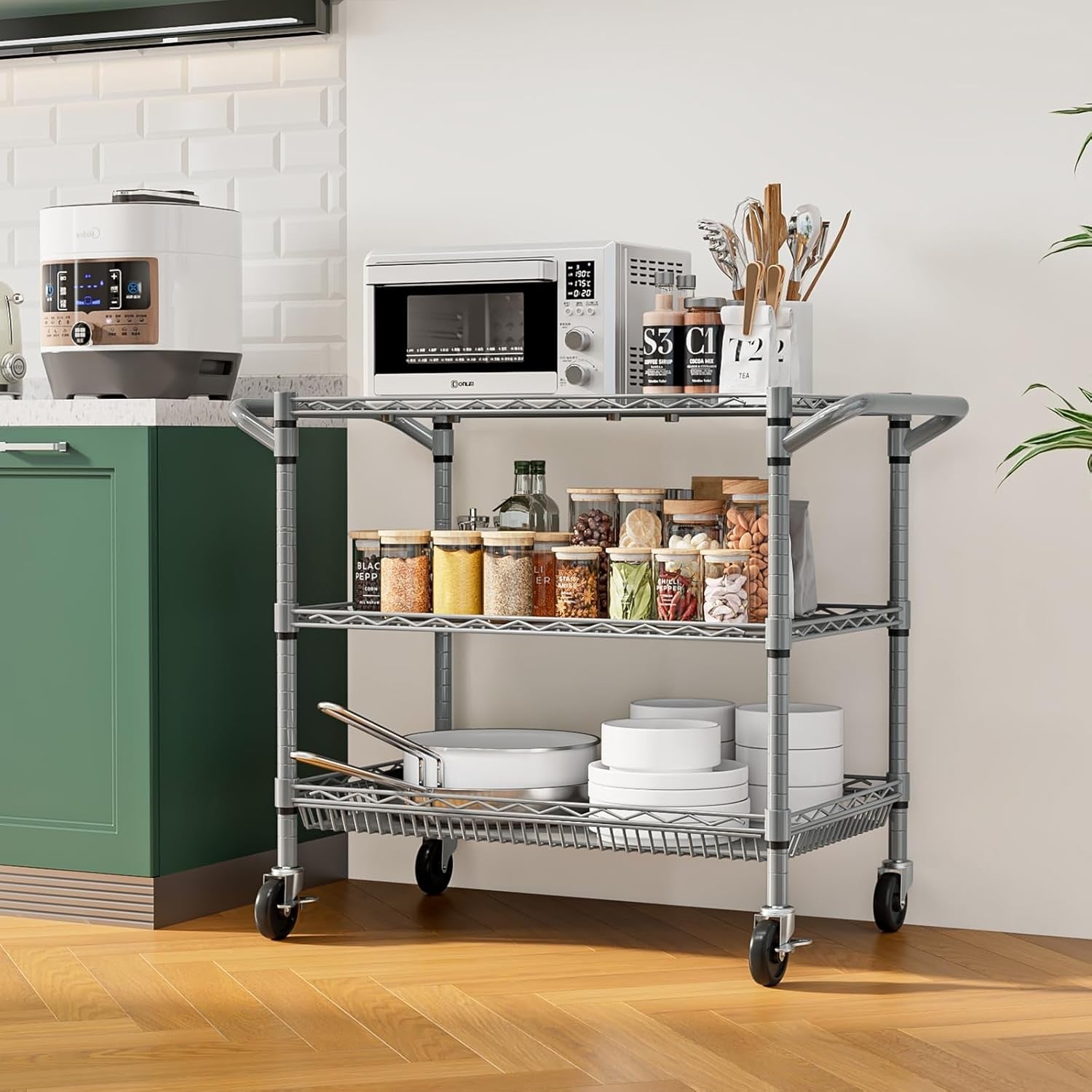 Heavy Duty Utility Cart 3 Tier Rolling Metal Storage Trolley on Wheels