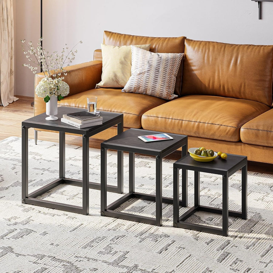3 Black Nesting Coffee Tables Set of 3 Rectangular Steel MDF Side End Table