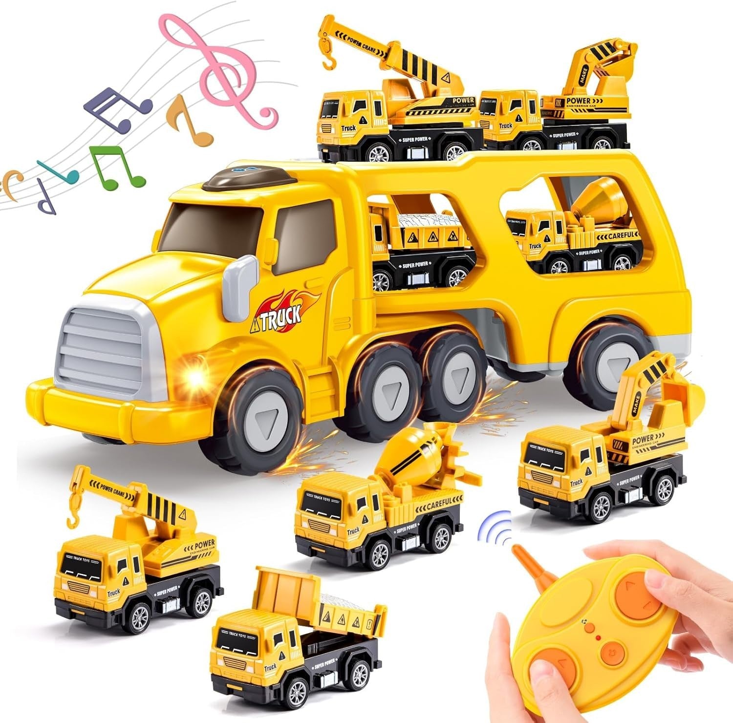 Remote Control Construction Truck Set with Lights & Music for Boys 1-6