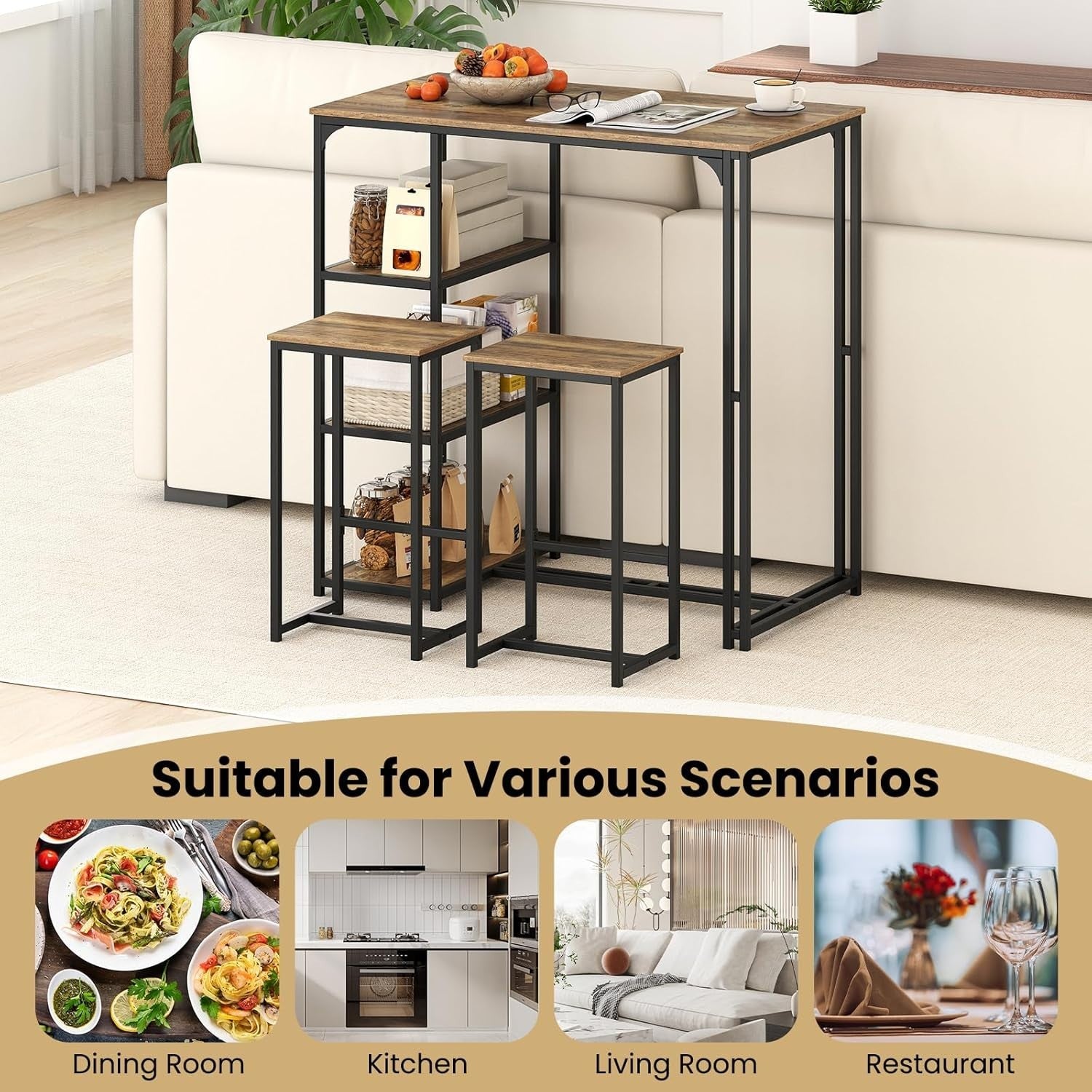 3-Piece Bar Table Set Shelves, Space-Saving Breakfast Dining Set – Coffee Black