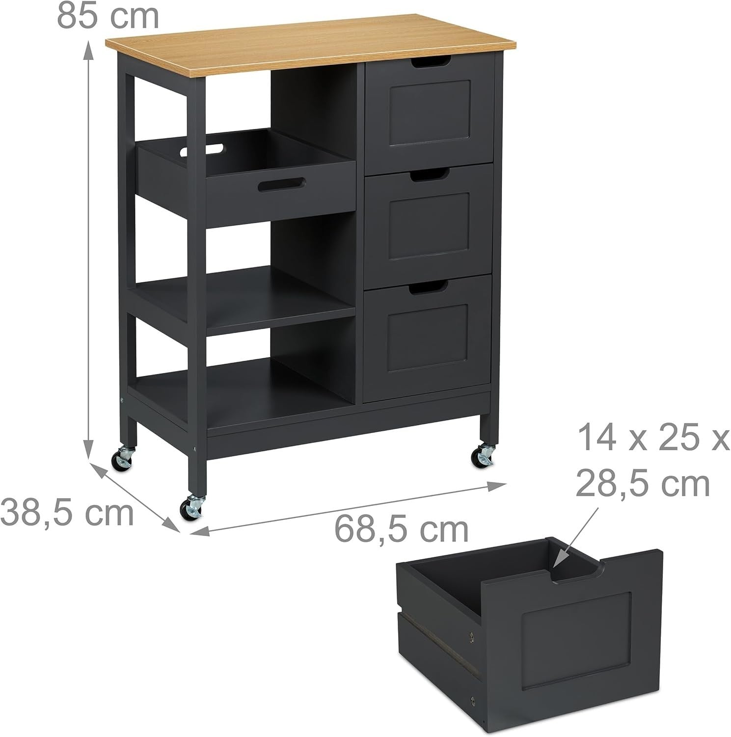 Rolling Kitchen Island Cart with 3 Drawers, Shelves & Wood Top, Grey/Natural