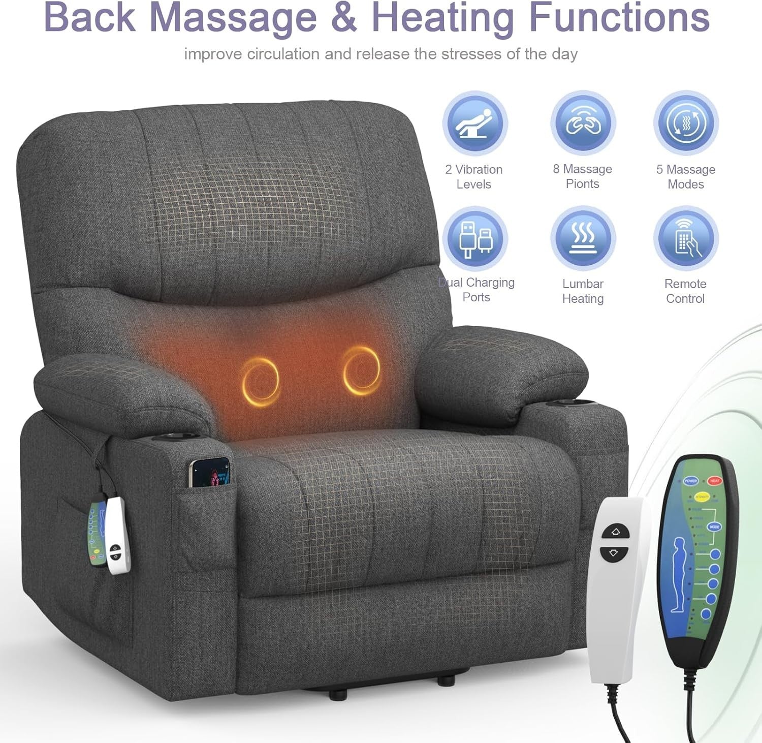 Electric Lift Recliner Chair Massage Heat Oversized w/ Footrest USB Type-C Grey