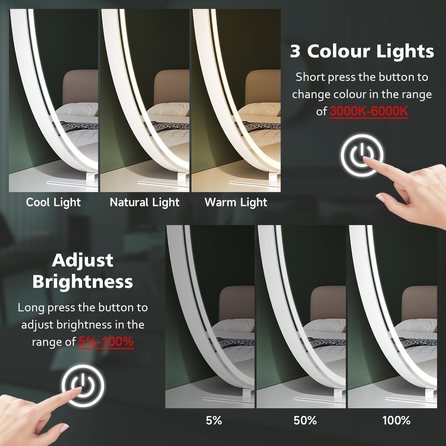 Hollywood Vanity Mirror with LED Lights, Touch Control, 3 Colors, 80cm
