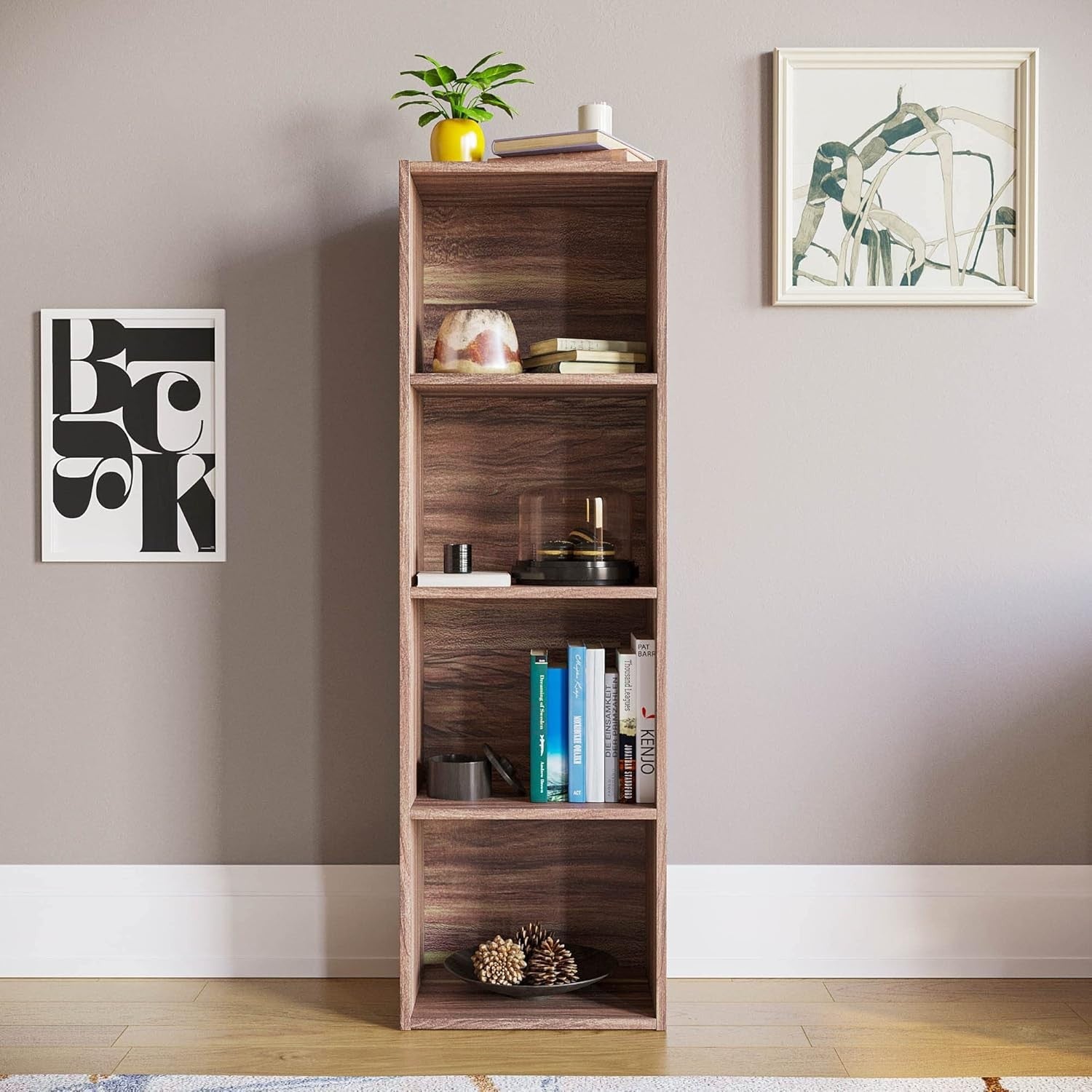 4 Tier Walnut Wooden Cube Bookcase Small Storage Shelf for Living Room Office