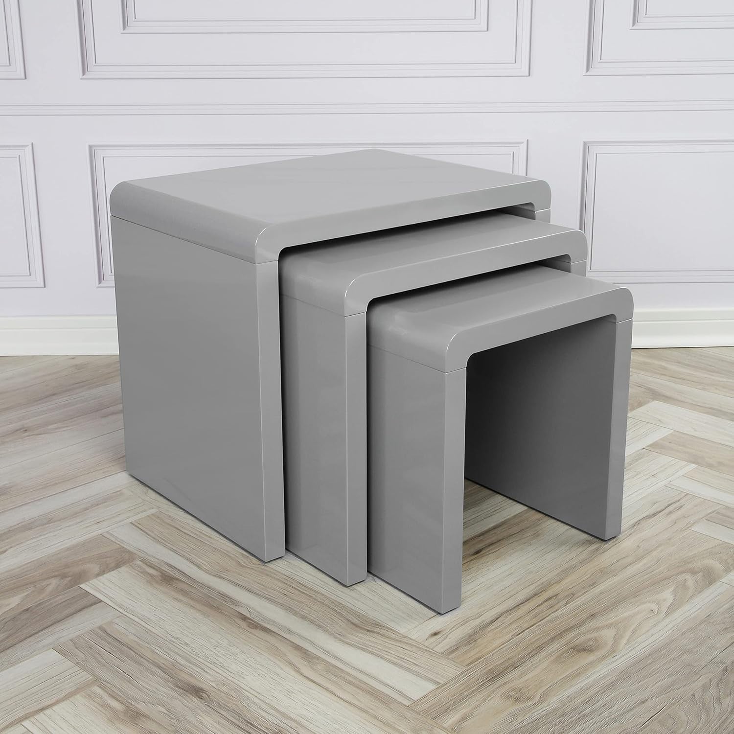 Coffee Tables Nest of 3 High Gloss Round Grey Side End Living Room Space Saver
