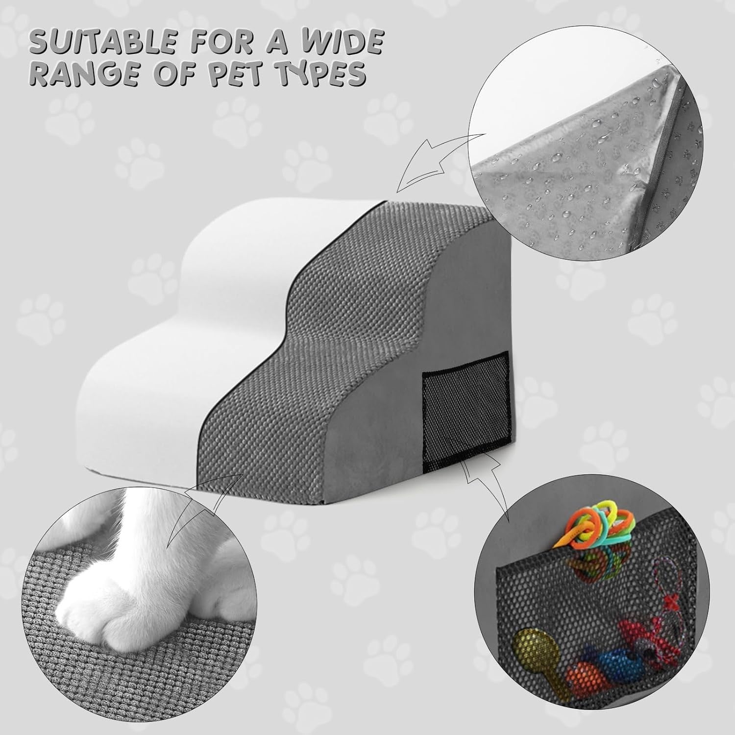 Grey 2 Step Dog Stairs 30D Foam Non Slip Ramp 40x30x40cm