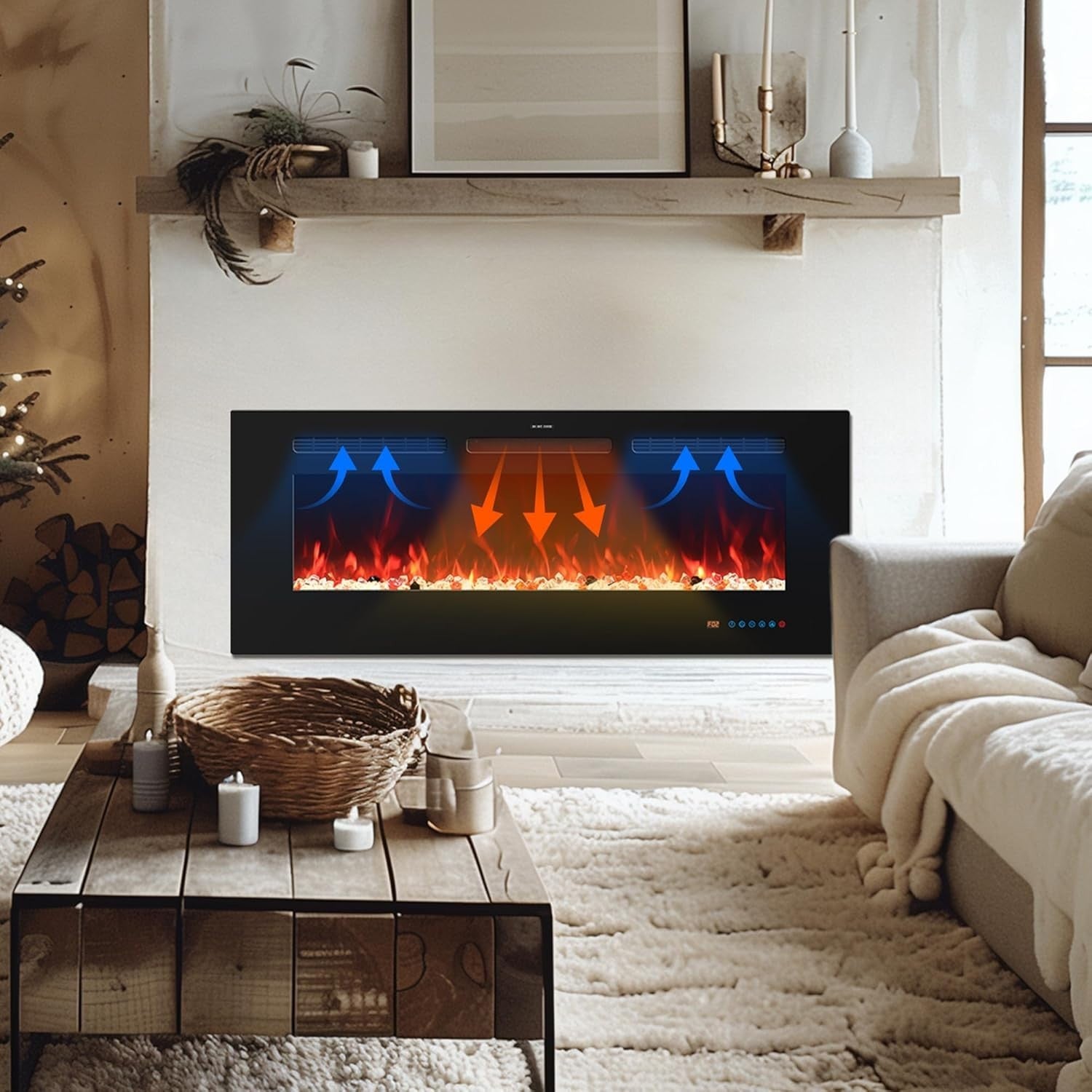 72” Wall Mounted Electric Fireplace LED Heater Remote WiFi 13 Flame Colours
