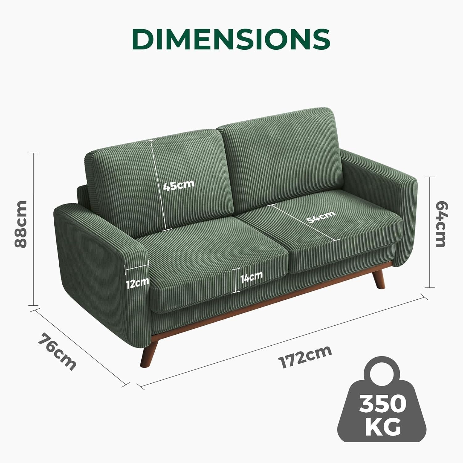 Green Corduroy Luxe 2 Seater Sofa | Deep Seat Loveseat for Small Spaces