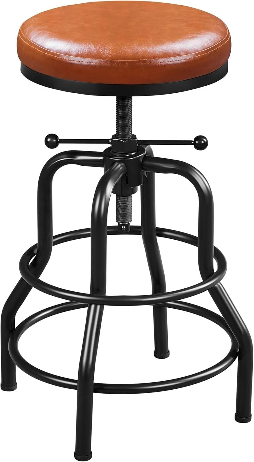 Light Brown Adjustable Bar Stool – Round Rustic Kitchen Counter Chair