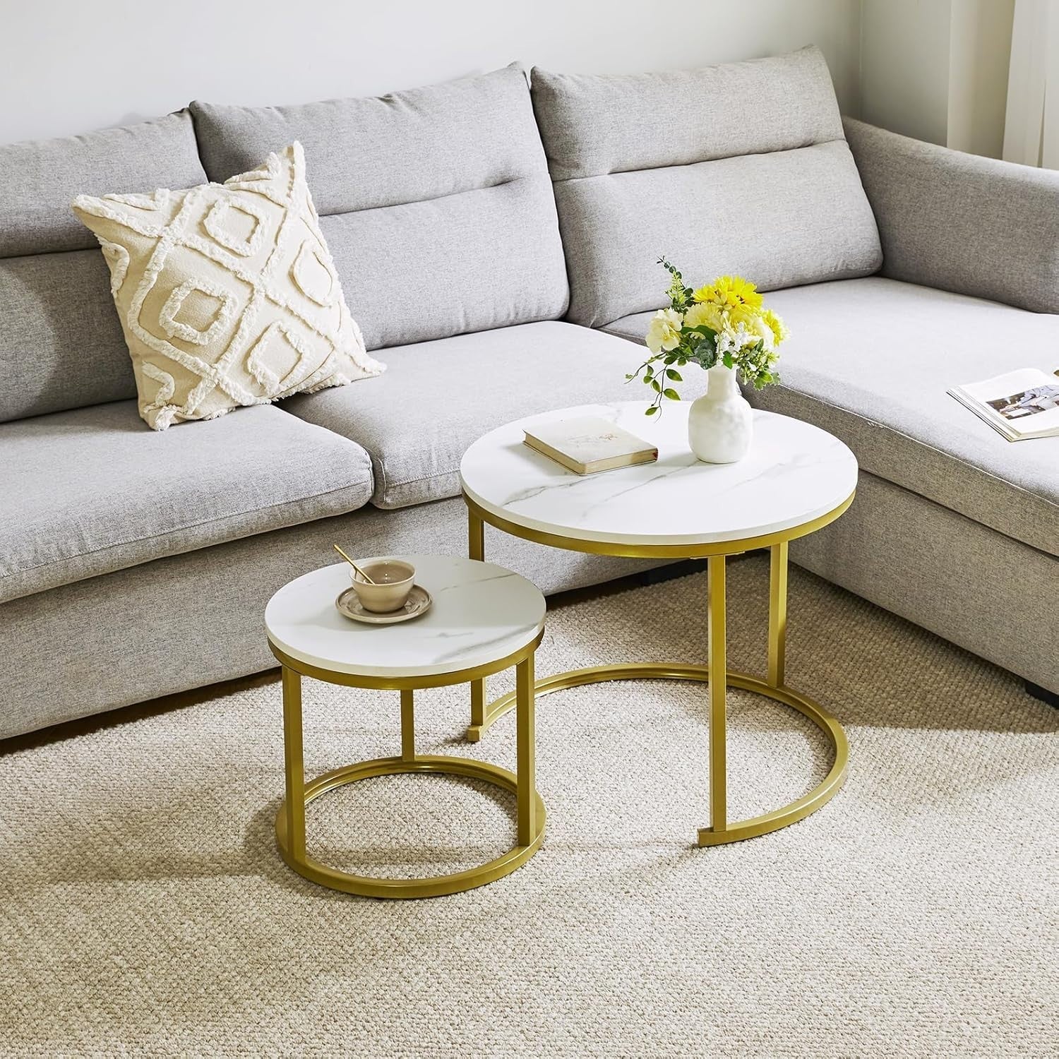 2pc Round Nesting Coffee Table Set Marble Look Gold Metal Legs Space Saving