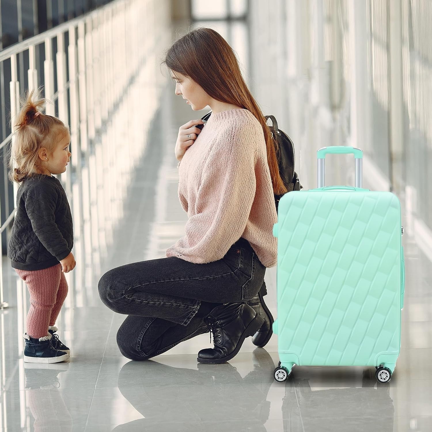 20 Inch Cabin Suitcase Hard Shell PC ABS 4 Dual Spinner Wheels Lock Green