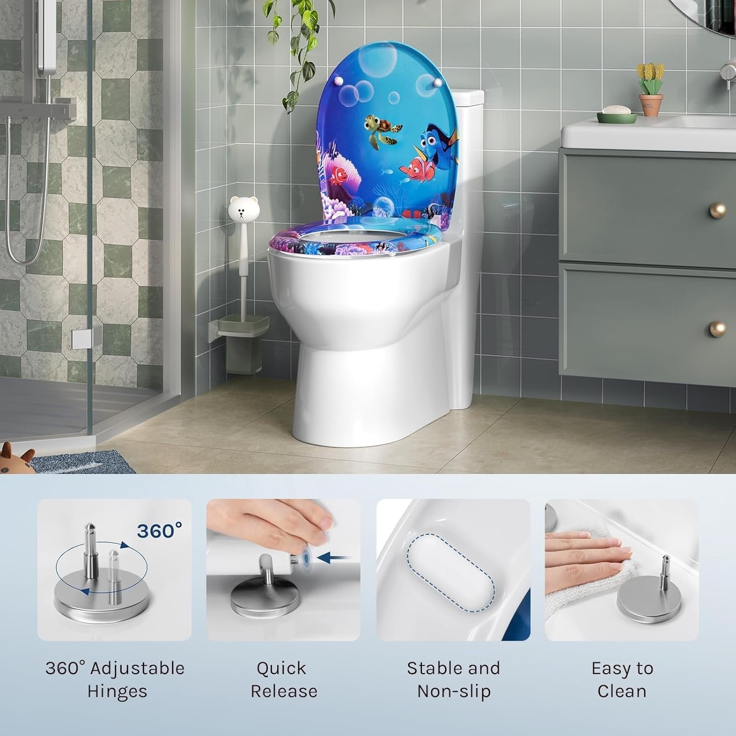 Soft Close Toilet Seat Quick Release O-Shape Duroplast Ocean Fish 45x37cm
