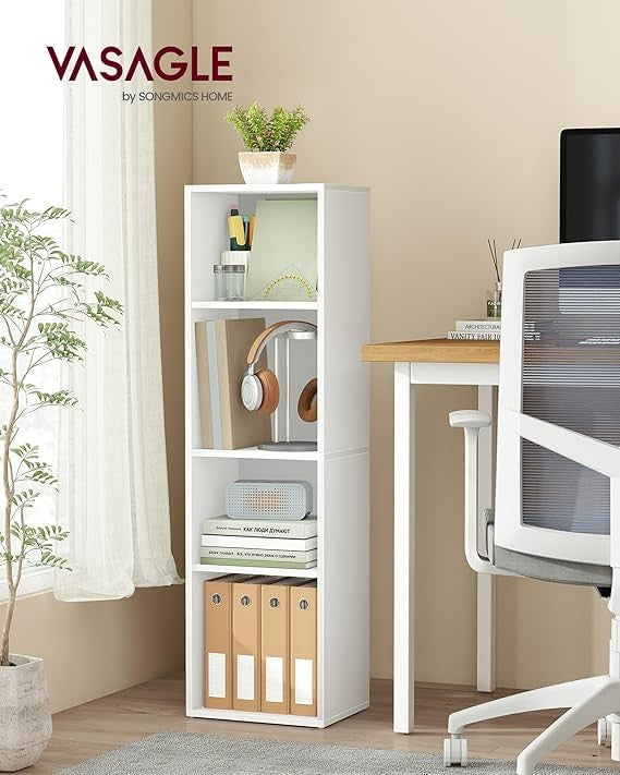 4-Tier White Bookshelf Tall Slim Storage Unit Cube Shelving for Home Office