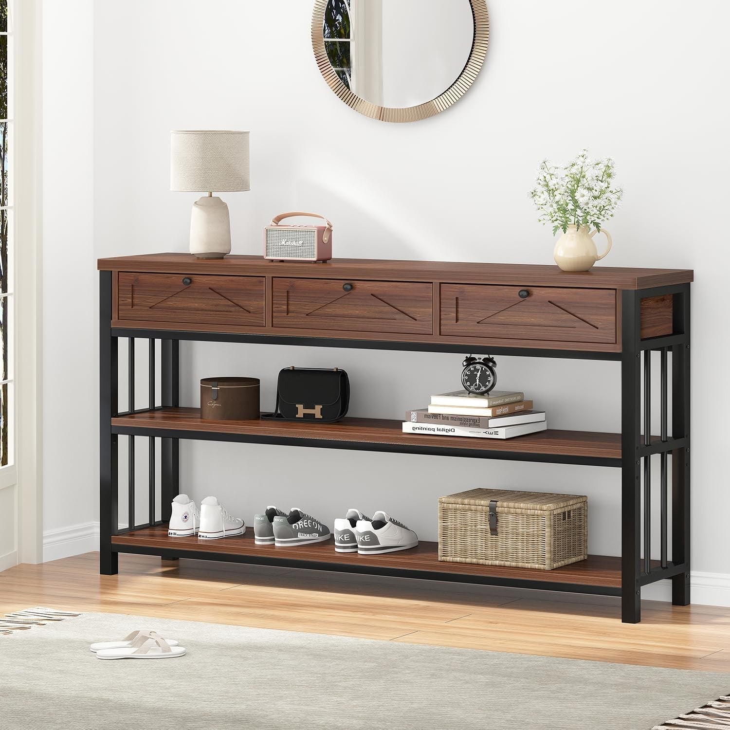 55" Rustic Walnut Sofa Table with Drawers & Shelves – Storage & Style