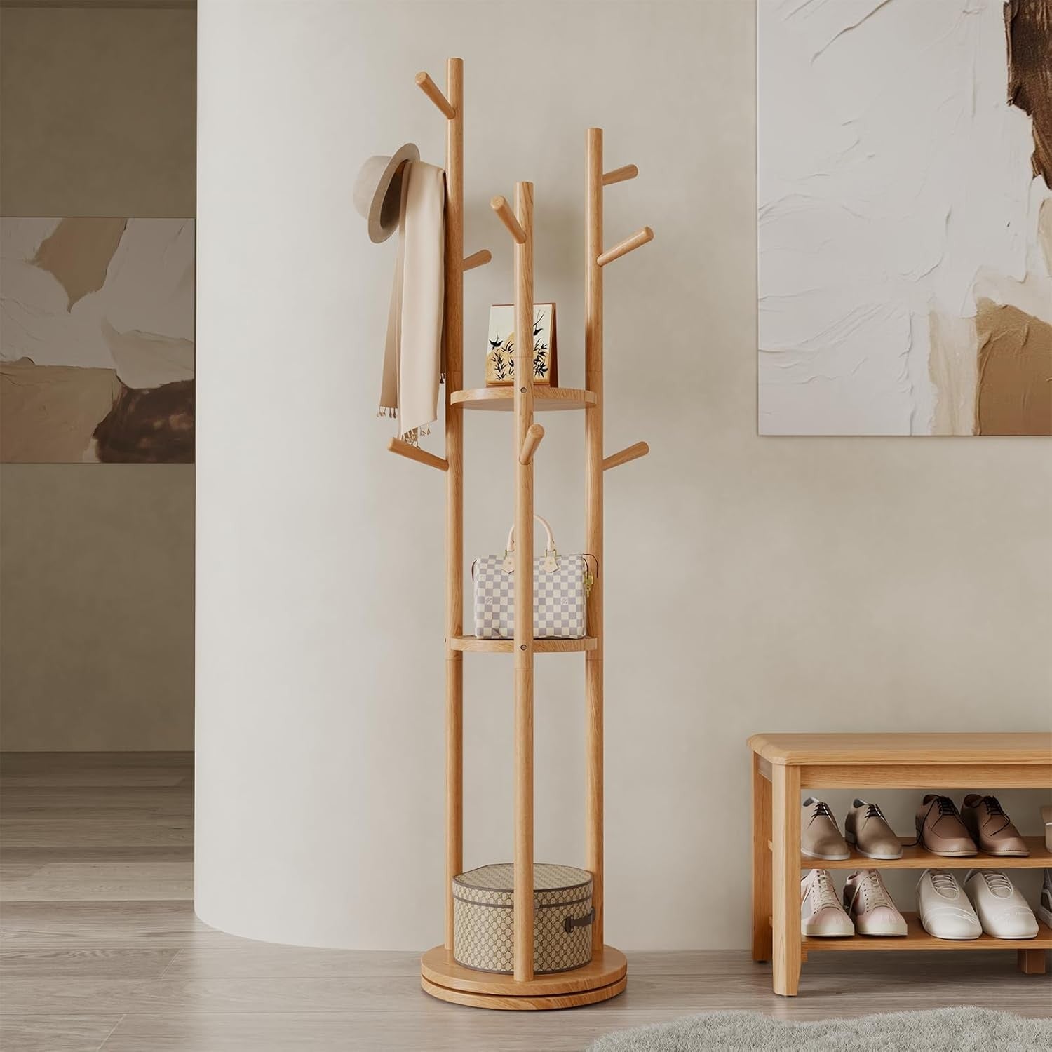 Wooden Coat Rack Stand with 3 Shelves | 360° Rotating Hall Tree 9 Hooks