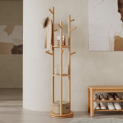 Wooden Coat Rack Stand with 3 Shelves | 360° Rotating Hall Tree 9 Hooks