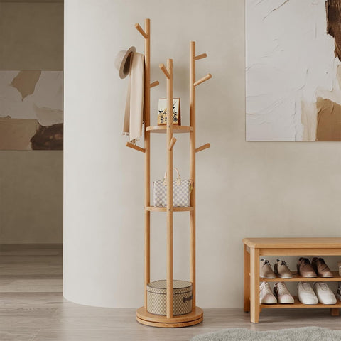 Wooden Coat Rack Stand with 3 Shelves | 360° Rotating Hall Tree 9 Hooks