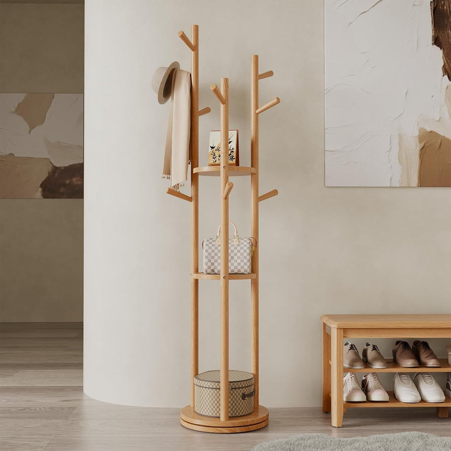 Wooden Coat Rack Stand with 3 Shelves | 360° Rotating Hall Tree 9 Hooks