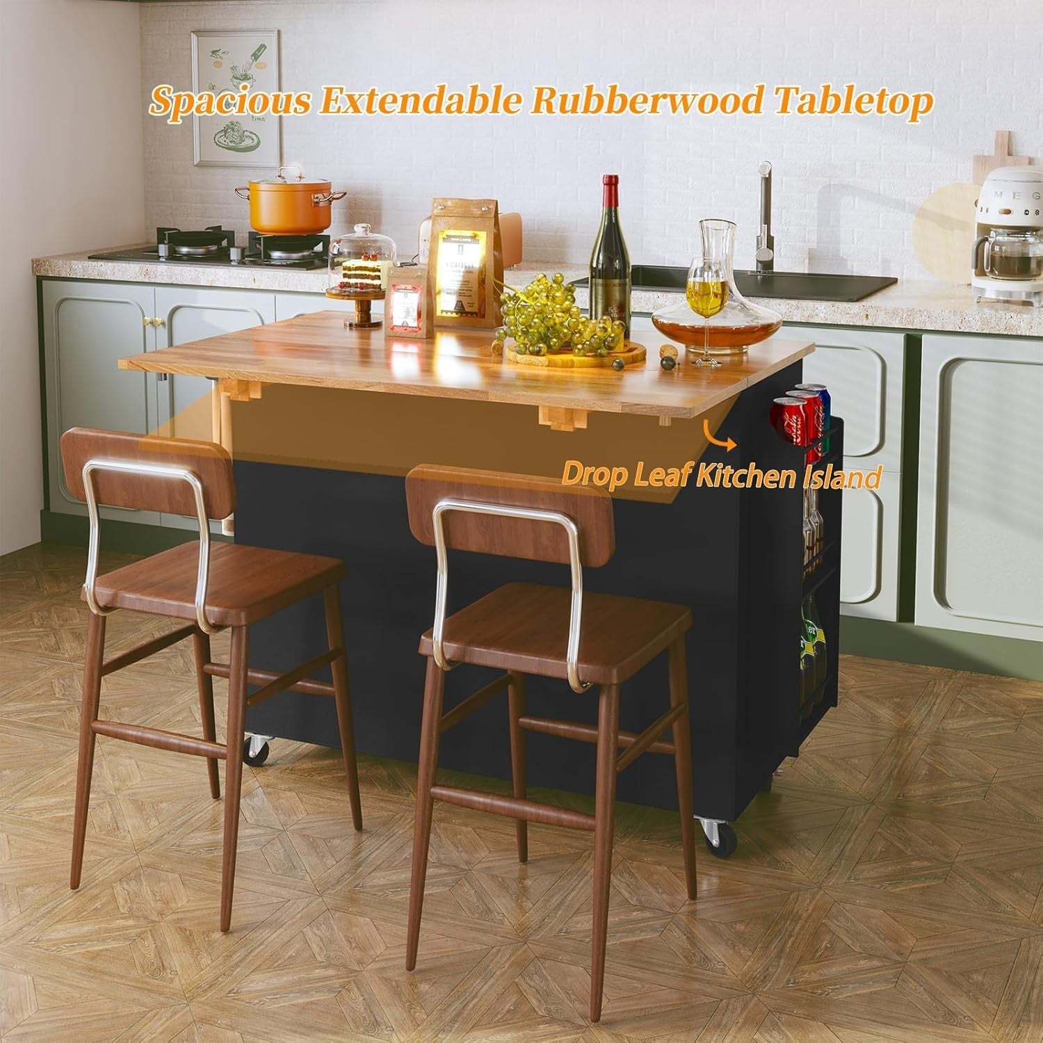Kitchen Island on Wheels with Extendable Rubberwood Top, Storage & Drawers
