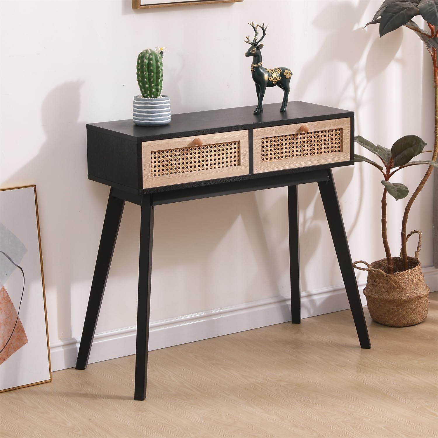 Modern Console Table with 2 Rattan Drawers | Stylish Hallway & Office Storage