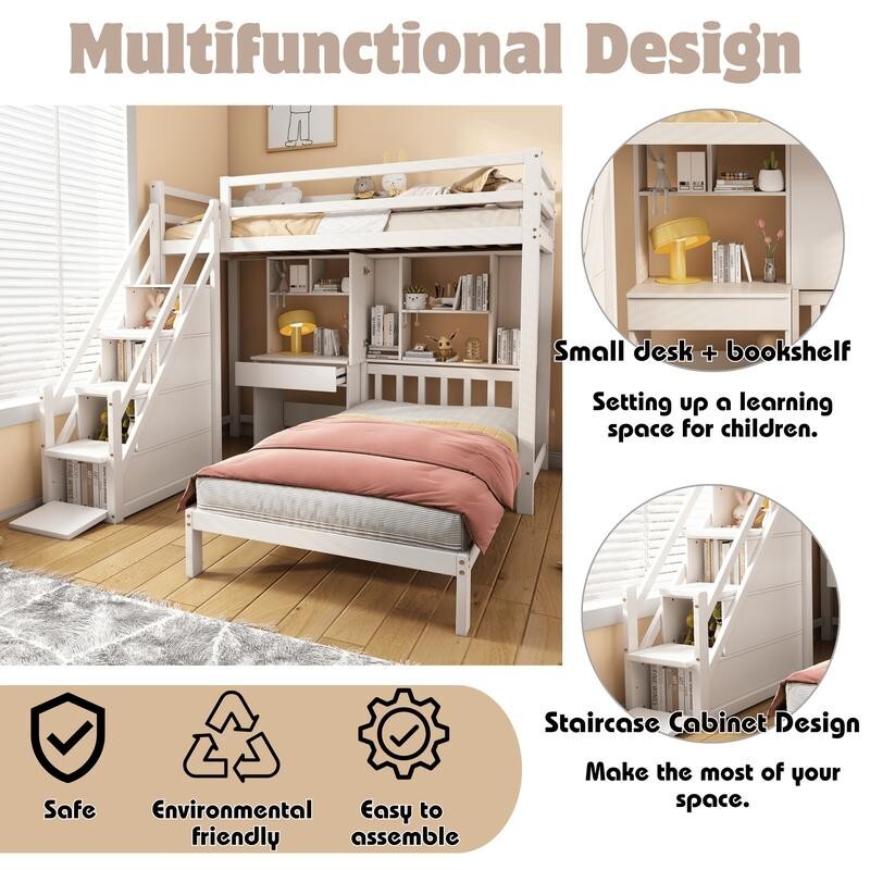 Kids Bunk Bed with Desk & Storage White 3FT Pine Wood Double Loft Bed 90x190cm