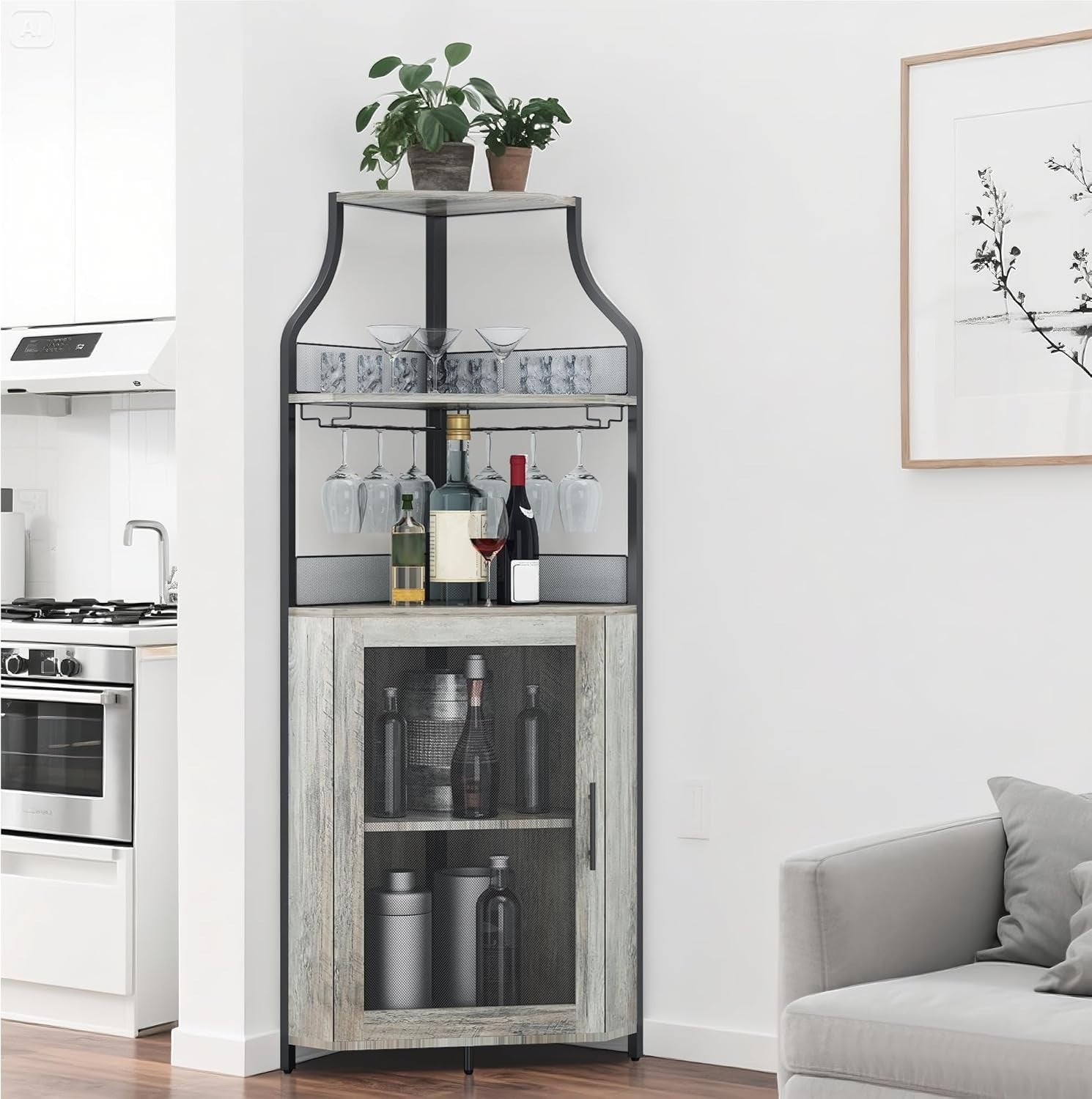 Corner Bar Cabinet with Wine Rack Glass Holder Mesh Door 5 Tier Home Bar Unit