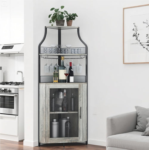 Corner Bar Cabinet with Wine Rack Glass Holder Mesh Door 5 Tier Home Bar Unit