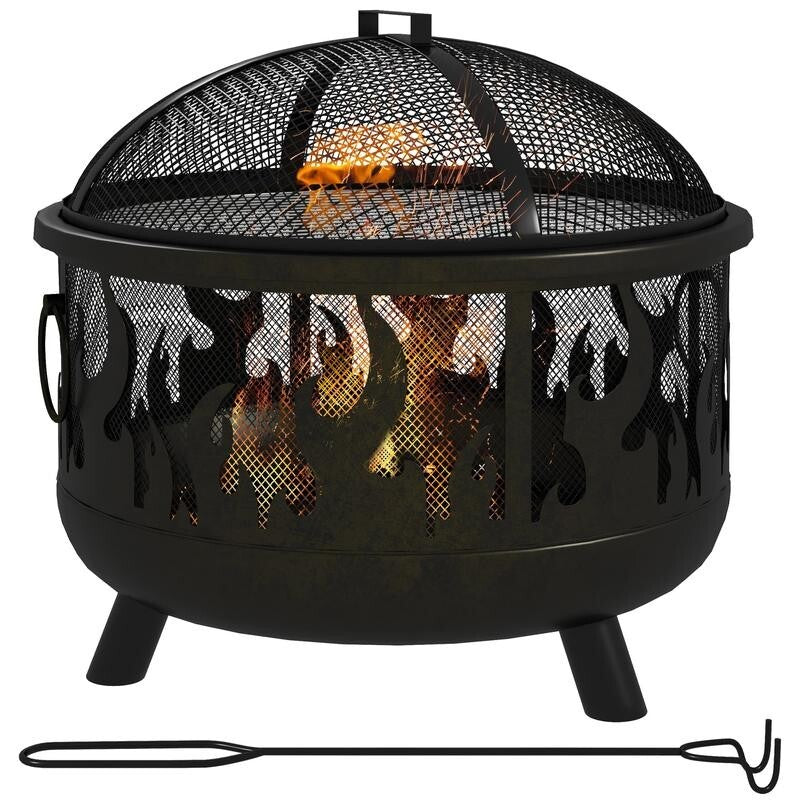 Large Steel Fire Pit BBQ with Mesh Lid & Poker – Safe Outdoor Heating