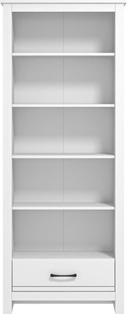 Tall 5 Tier White Bookcase with Drawer – Modern Storage Shelves for Home Office