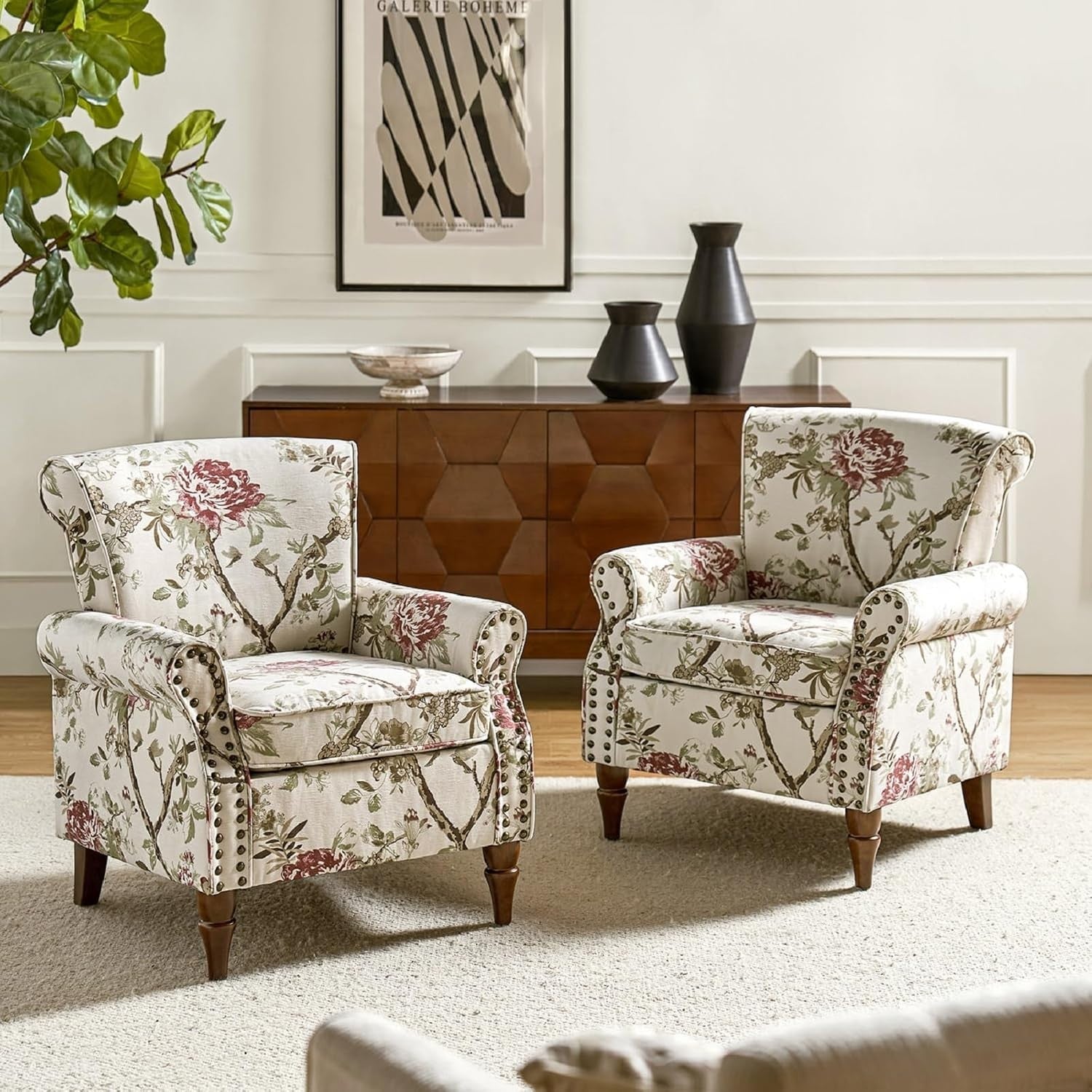 Set of 2 Floral Wingback Chairs Upholstered Accent Lounge Armchairs Sofa