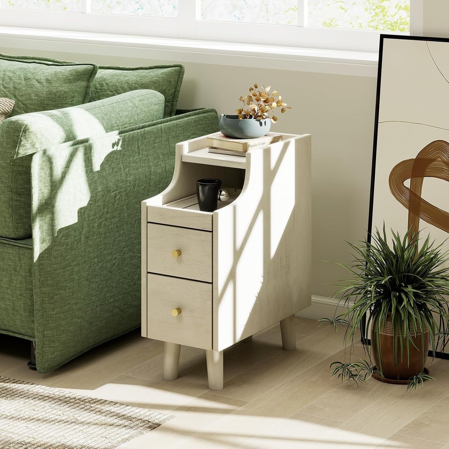 Slim White Bedside Table with 2 Drawers, Pull-Out Tray & Cable Hole, 41x20x50cm