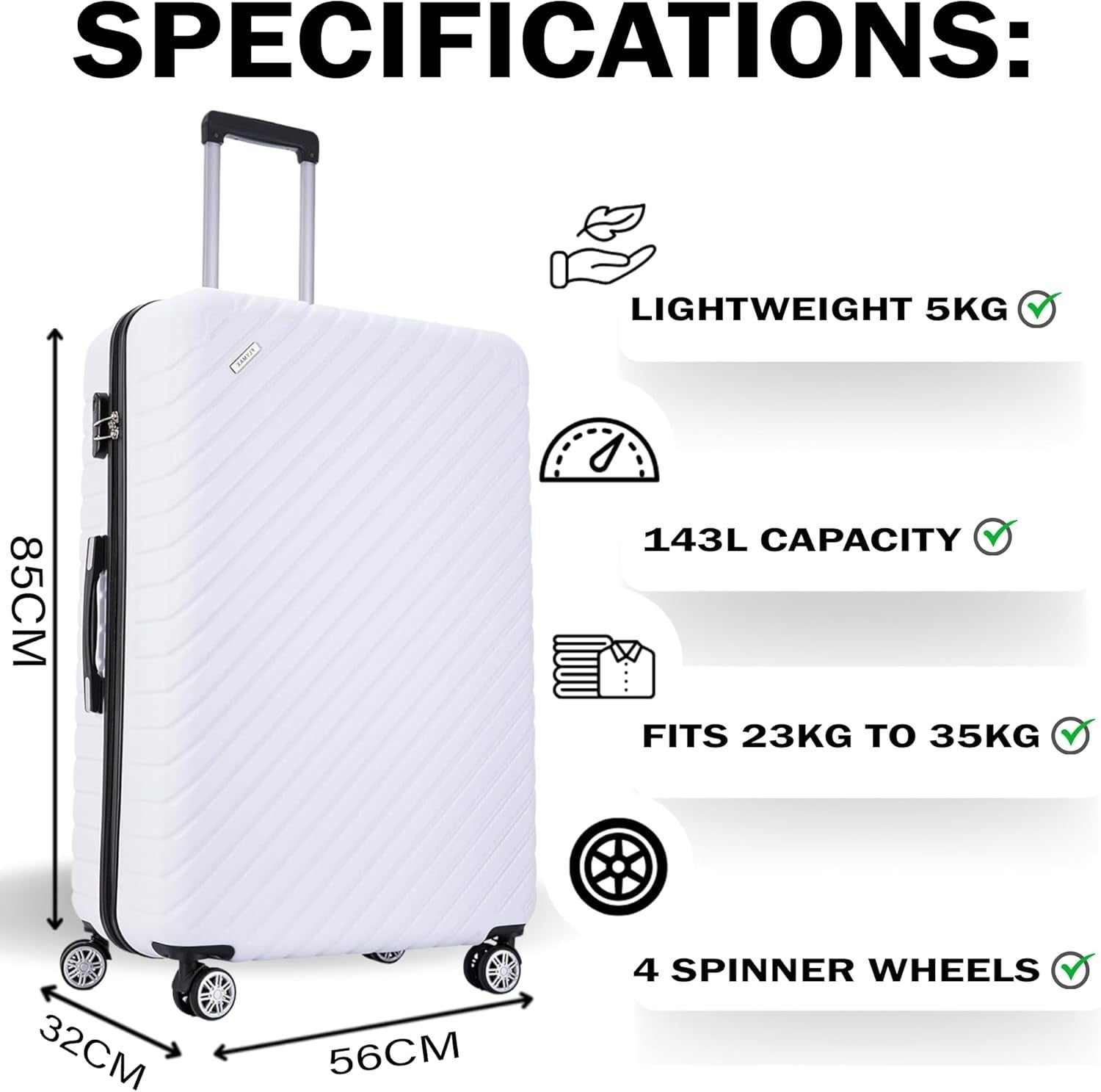 Extra Large 32'' Hold Luggage ABS Hard Shell Lightweight 4 Wheel 125L