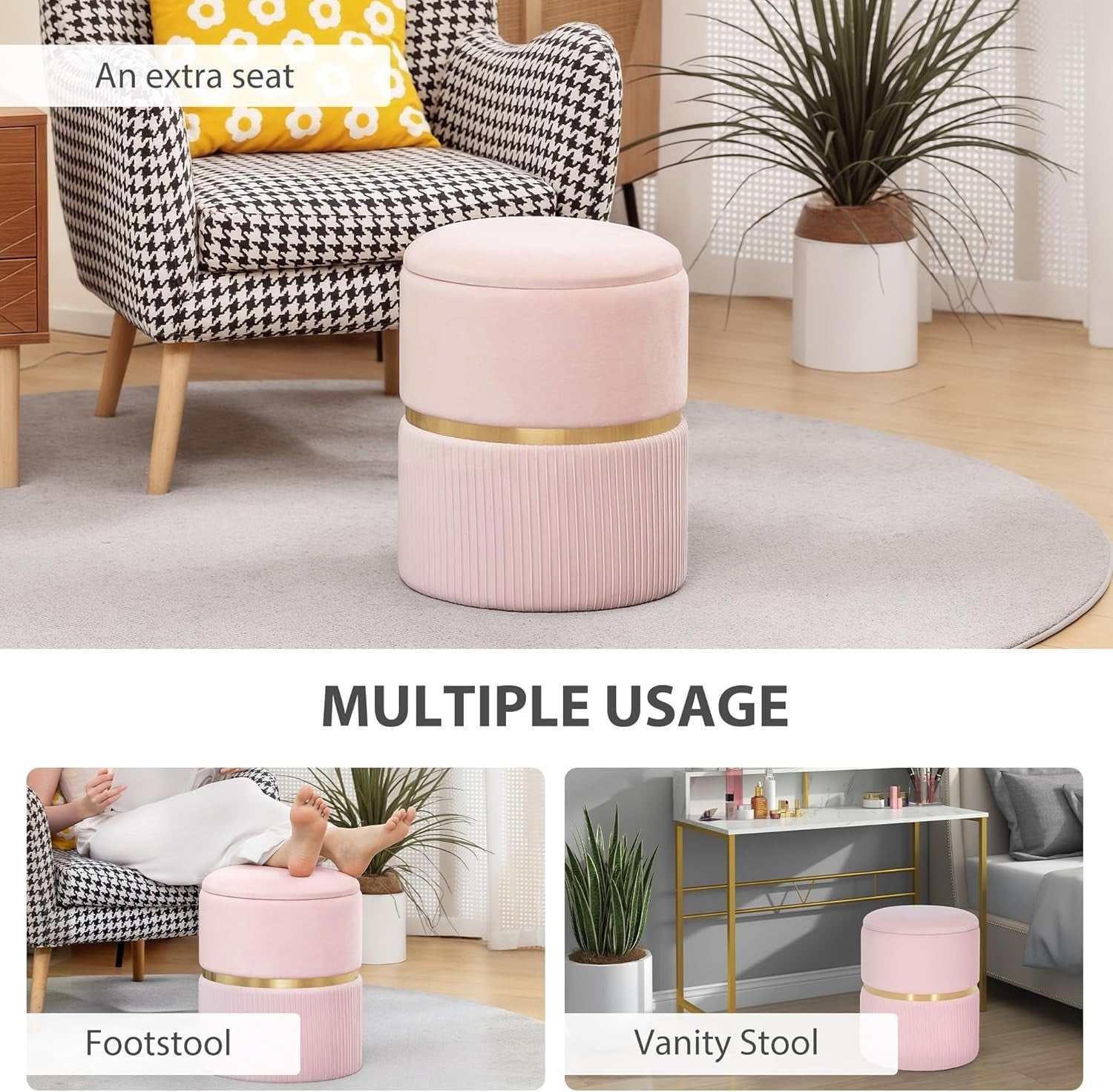 Pink Velvet Storage Stool Round Ottoman Padded Seat Vanity Footstool
