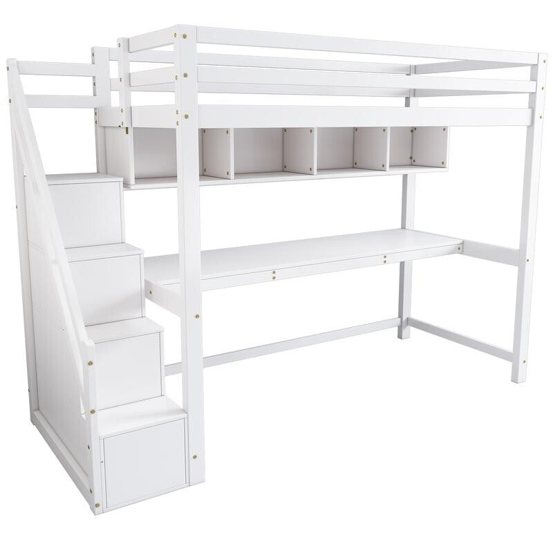 Kids Loft Bunk Bed with Desk Shelves Storage Stairs 3FT Pine Wood 90x190 White