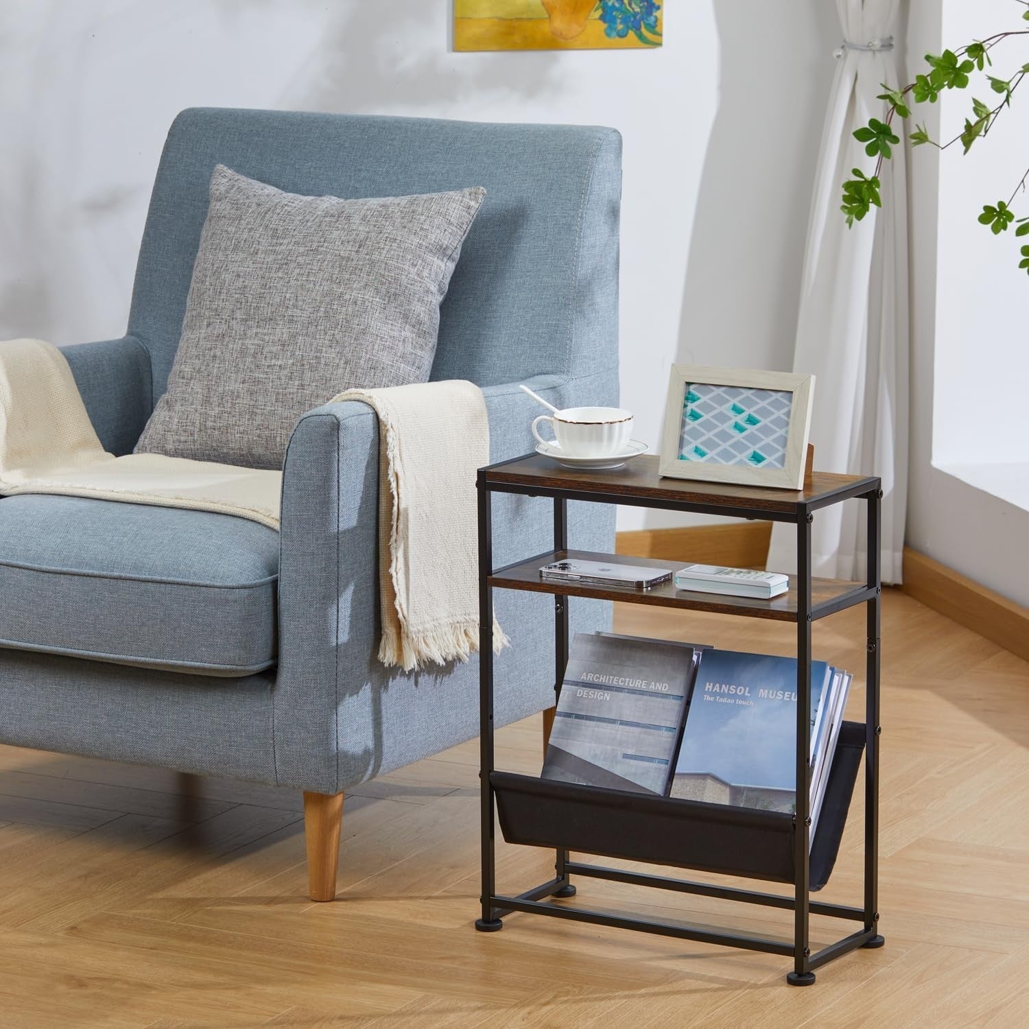 Slim Rustic Side Table with Magazine Rack – Narrow End Table for Sofa Bed
