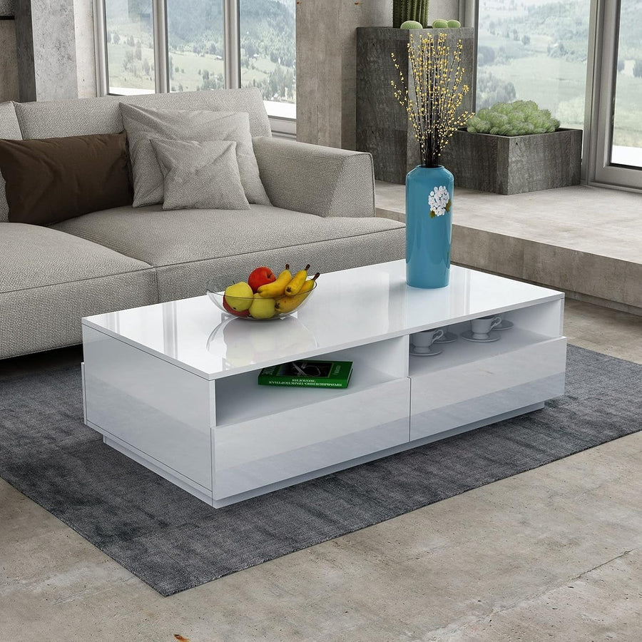 Modern White Gloss Coffee Table with 4 Drawers Storage 85x55x35cm