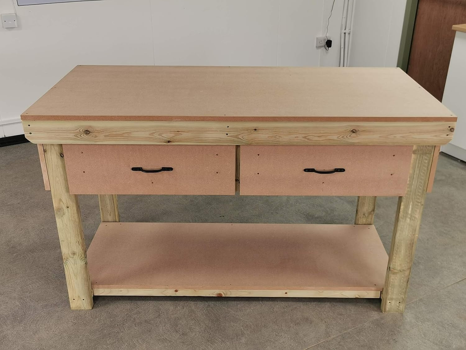 Heavy Duty Wooden Workbench 4ft MDF Top 2 Drawers Garage Industrial Table