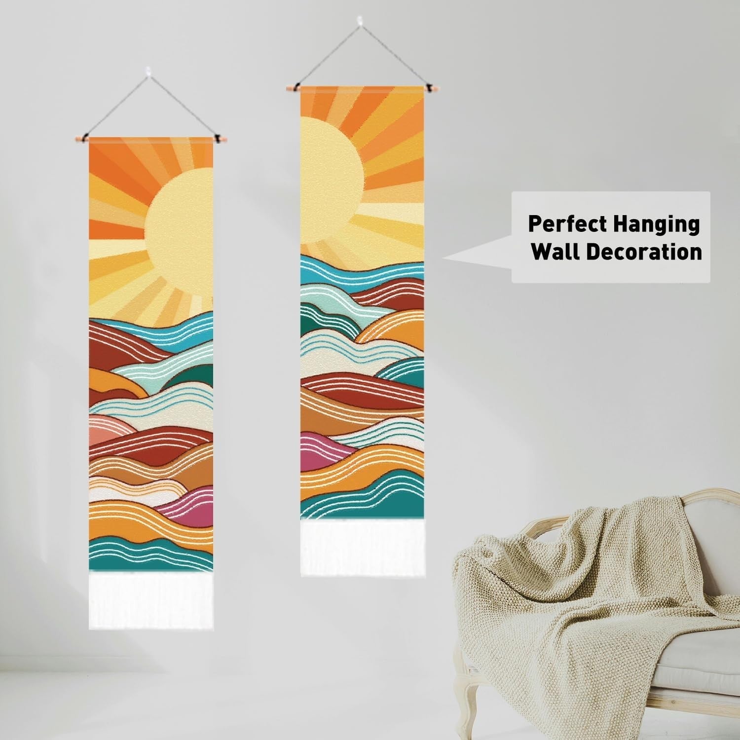 2-Pack Boho Sun Moon Tapestry 52"x13" Vertical Wall Decor 2 clrs