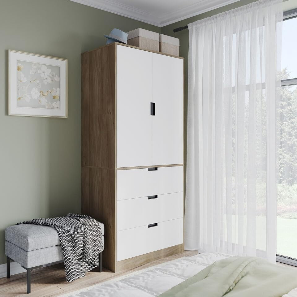 Modern 2 Door Wardrobe with 3 Drawers | Oak & White Bedroom Storage Unit