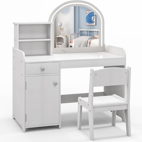 Kids Vanity Table & Chair Set with LED Mirror Drawer Storage White Dressing Desk