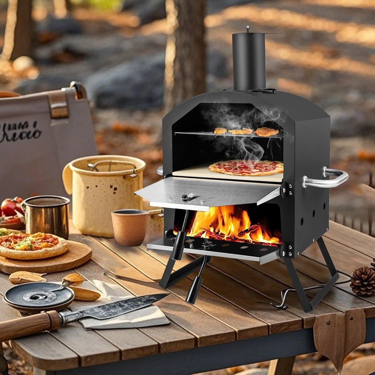 2-Layer Wood Fired Pizza Oven | Outdoor BBQ Grill, Stone & Peel Set | Foldable