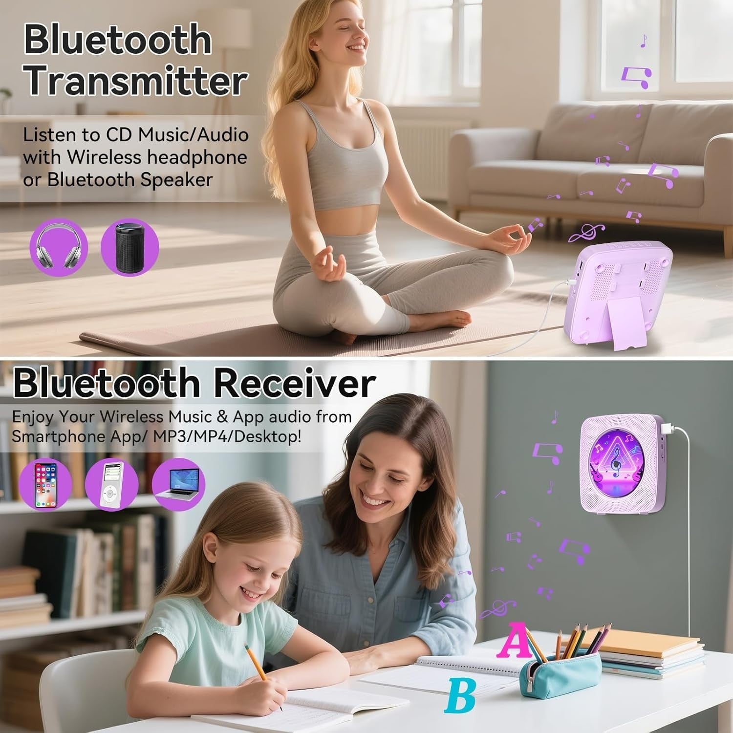 Portable CD Player Bluetooth Speakers FM Radio USB AUX Remote Purple