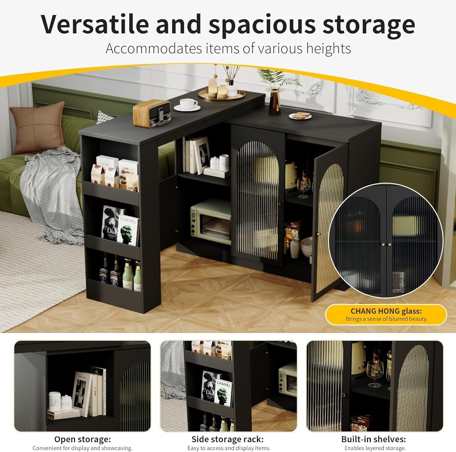 360° Rotating Kitchen Island Bar Cabinet with Glass Doors & Storage Shelves