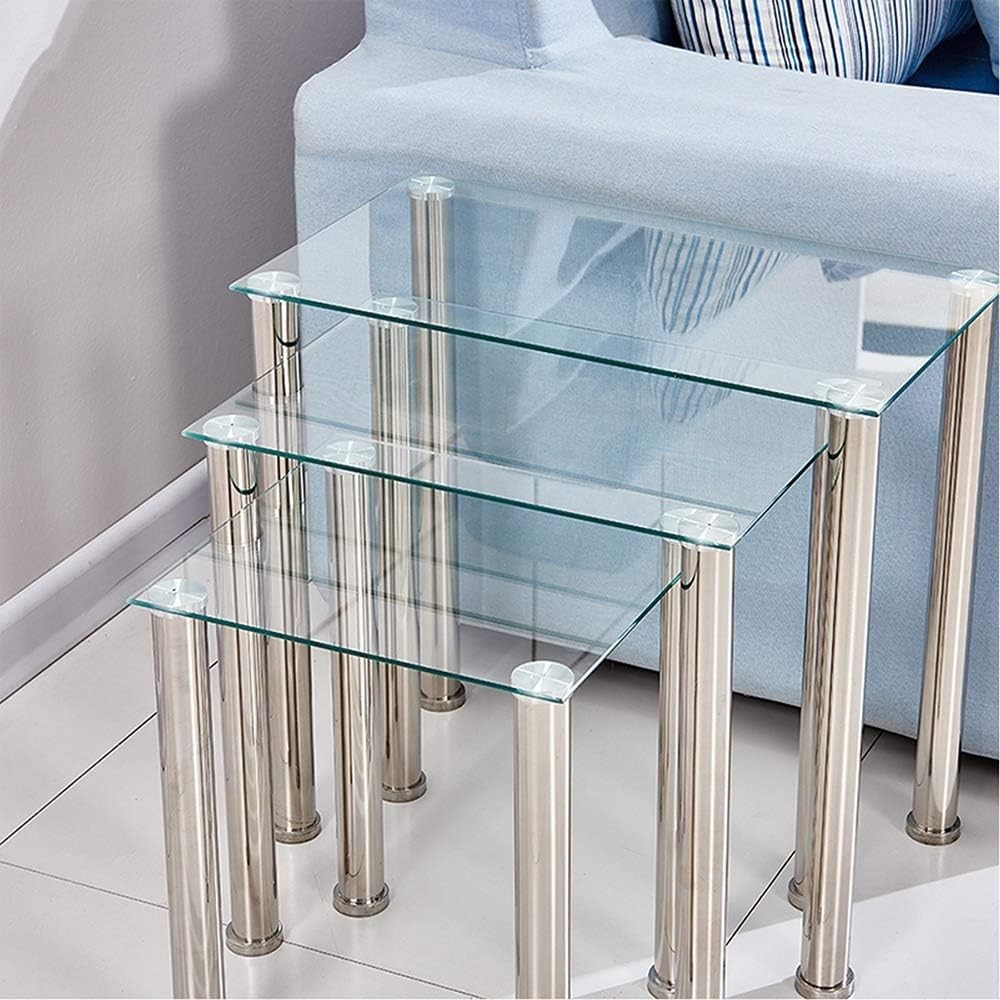 Nest of 3 Modern Glass Coffee Table Set Chrome Legs Side End Sofa Living Room
