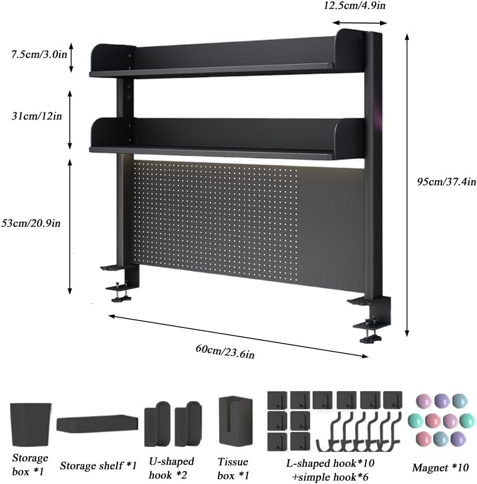 Clamp-On Desk Organizer Shelf 2-Tier Pegboard Hutch Rack 60cm Black