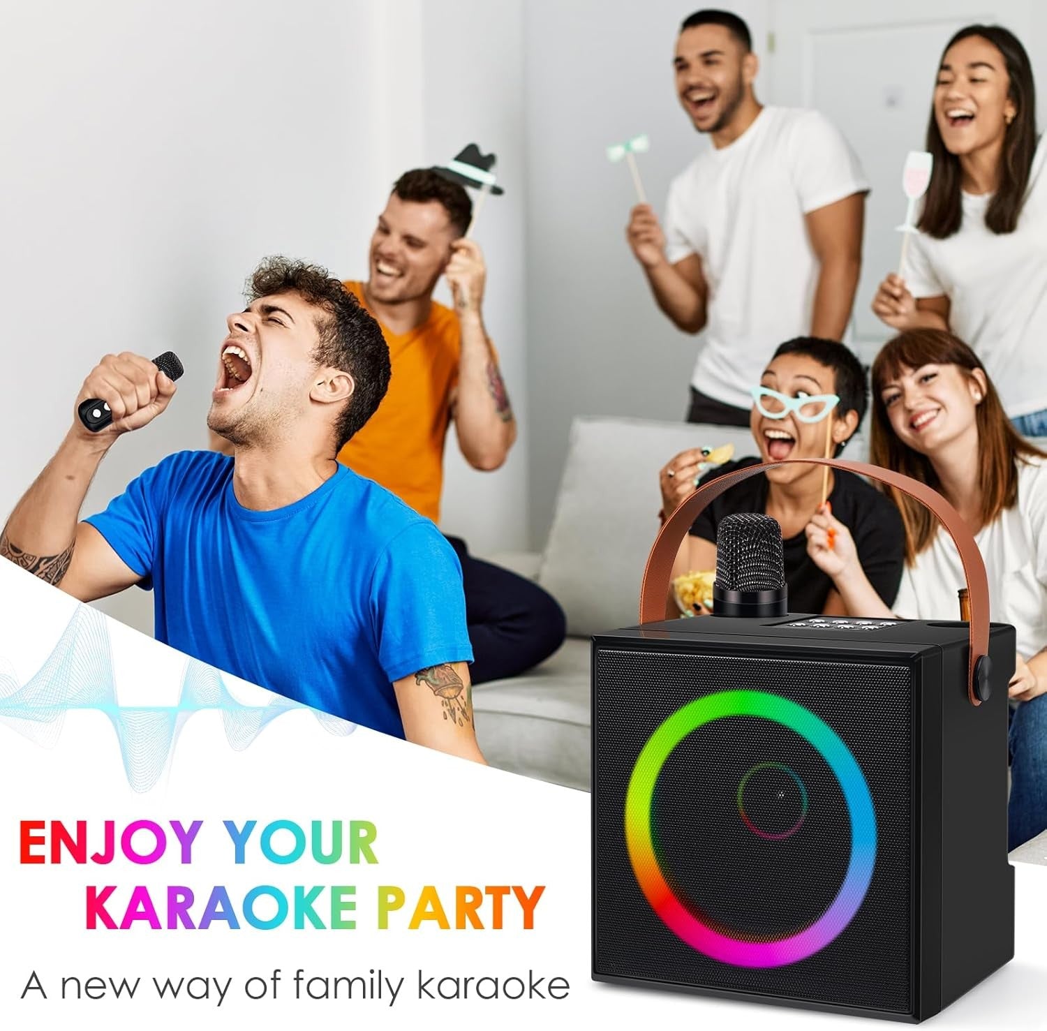 Mini Bluetooth Karaoke Machine 2 Wireless Mics LED Speaker