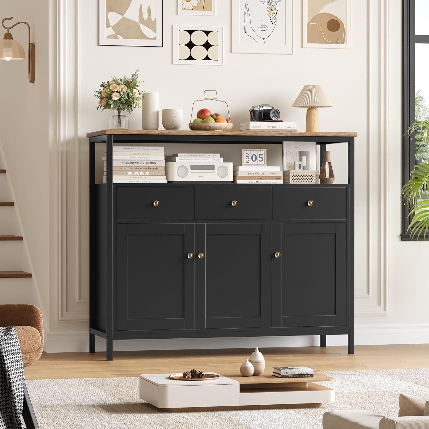Black Sideboard Storage Cabinet 98.5cm Kitchen Cupboard Drawers Shelves