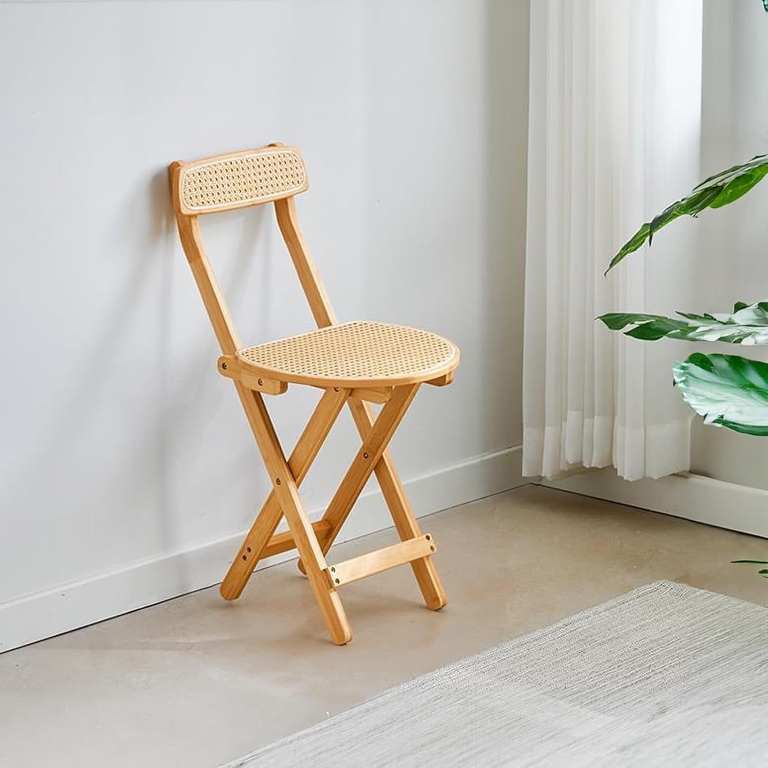 Set of 2 Folding Wooden Rattan Dining Chairs Space Saving Farmhouse Style